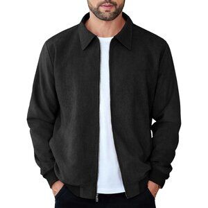 Men's Suede Casual Lightweight Bomber Jacket Black Zip Up Faux Vintage Leather